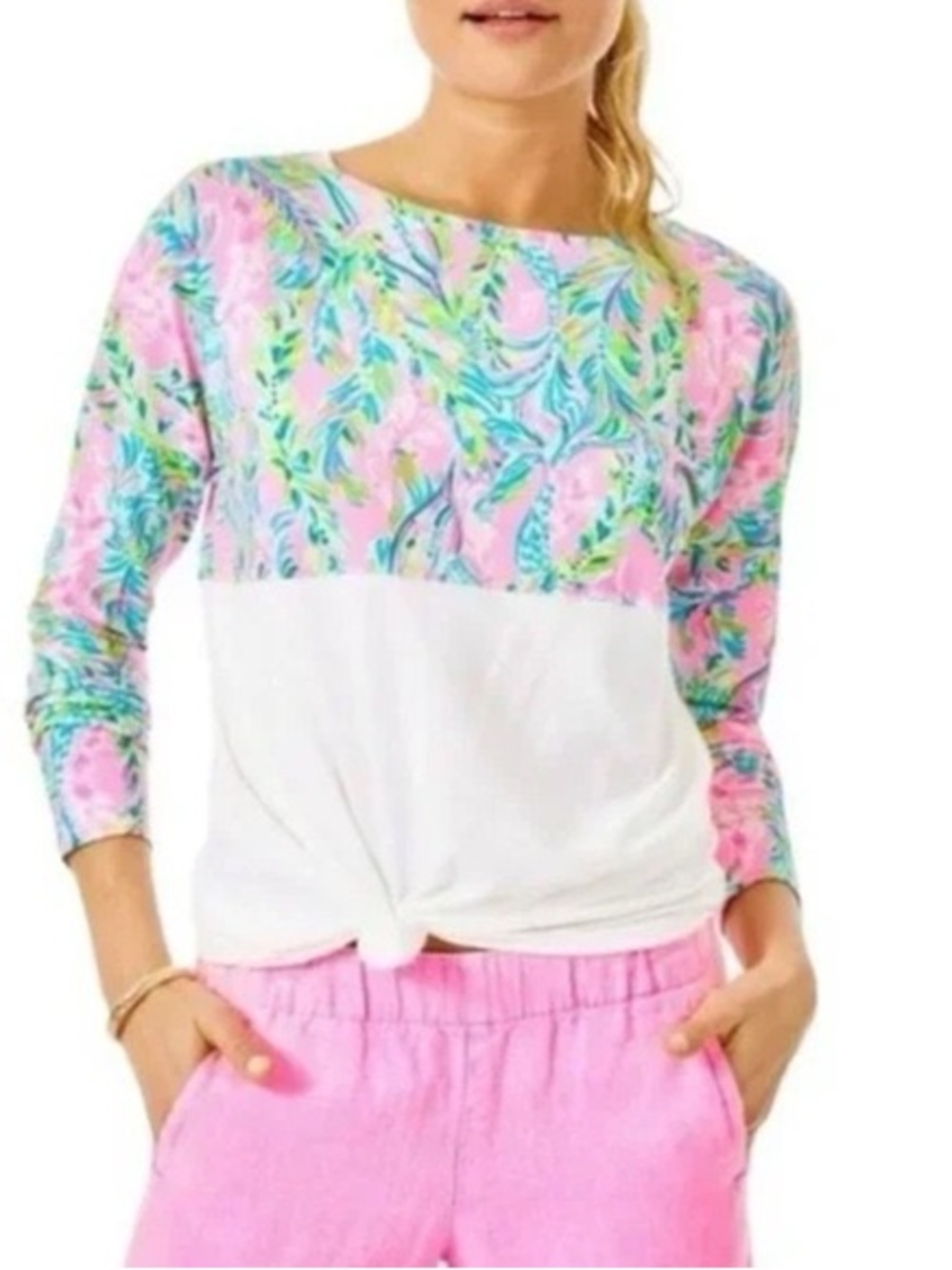 Lilly Pulitzer Womens Pink Blue Tropical‎ Print Colorblock Long Sleeve Top Small